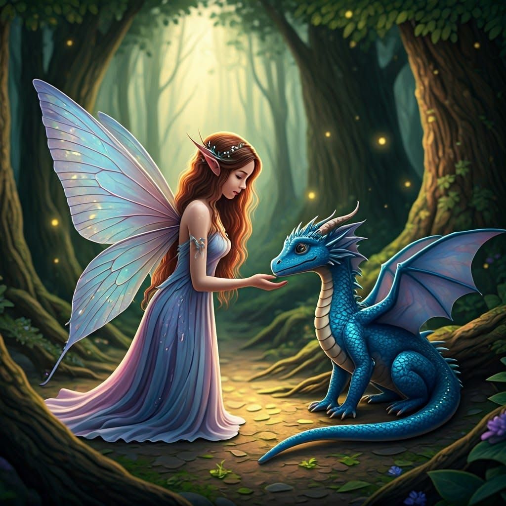 Whimsical Fairy Interacts with Friendly Blue Dragon in Encha...