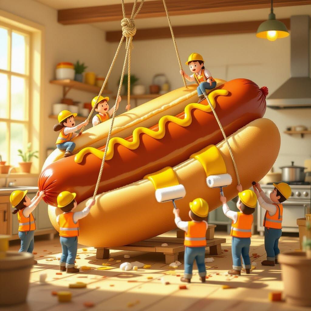 Miniature Workers Build Giant Hotdog in Ghibli Style