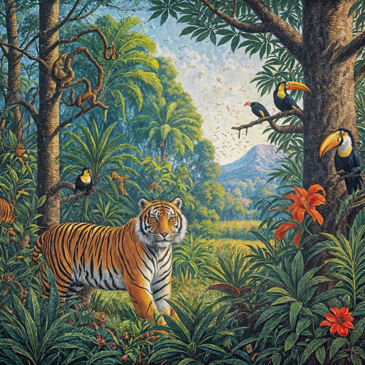 Jungle with tigers, monkeys, and toucans. Pointillism style....