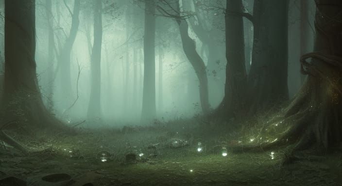 Crystal Flowers in Spooky Forest: Dark Fantasy Art