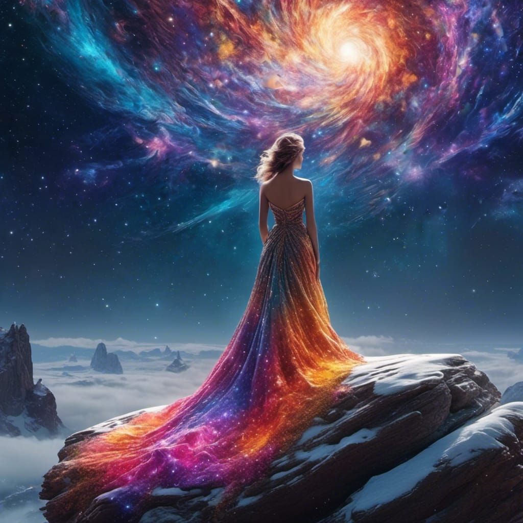 Colorful Celestial Sky with Woman in Snowy Landscape