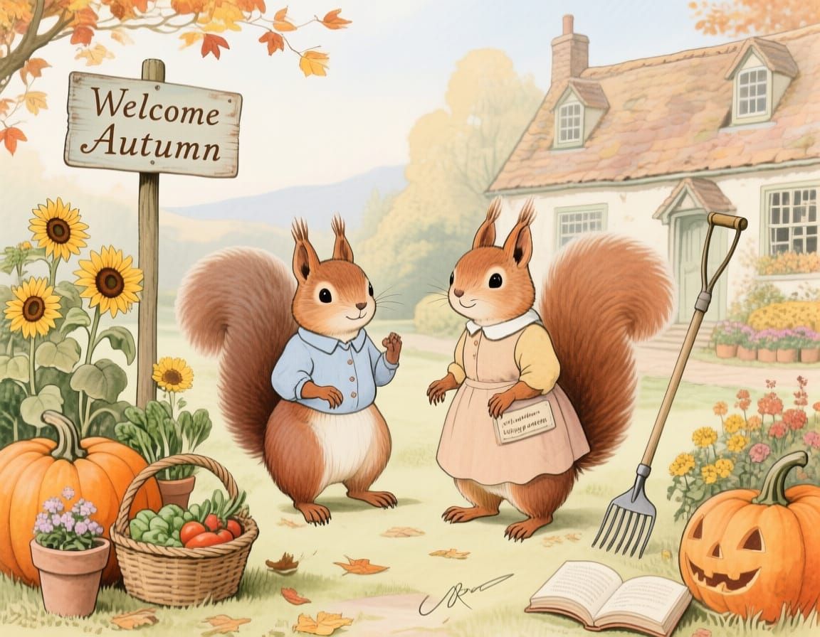 Beatrix Potter Style Squirrels in Autumn Garden