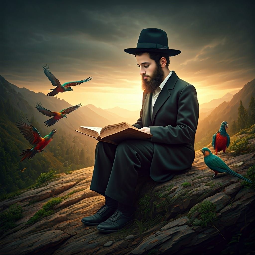 Haredi Boy Studies at Sunset: A Romantic Matte Painting