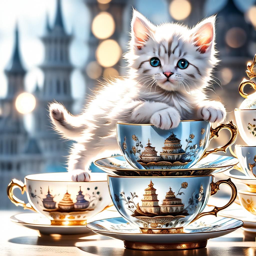 Fluffy Kitten Perched Atop Glass Teacup Tower