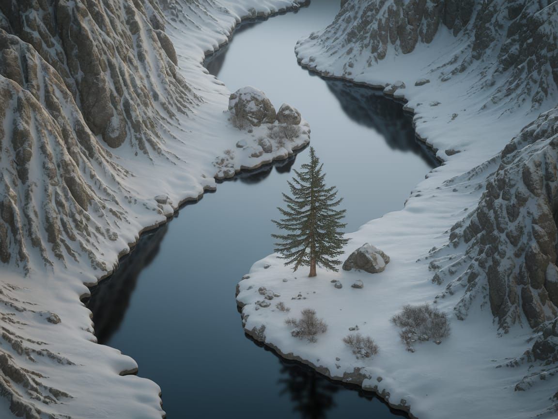 Winter River Gorge from Above: A Cinematic View