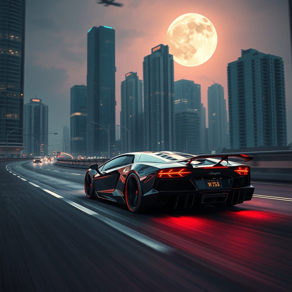 Futuristic Lamborghini Speeding on Moonlit Highway