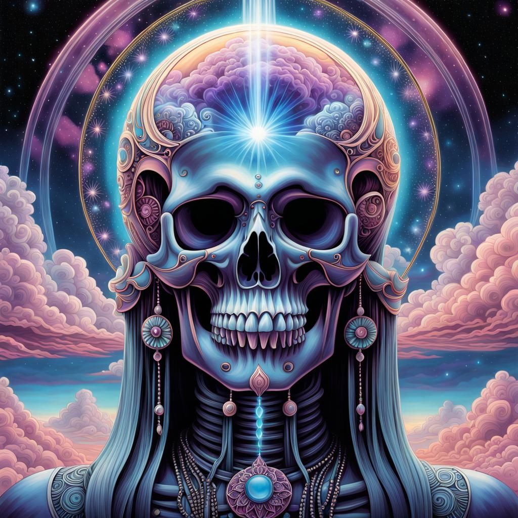Surreal Cosmic Skull with Ethereal Waterfalls in Vibrant Hue...