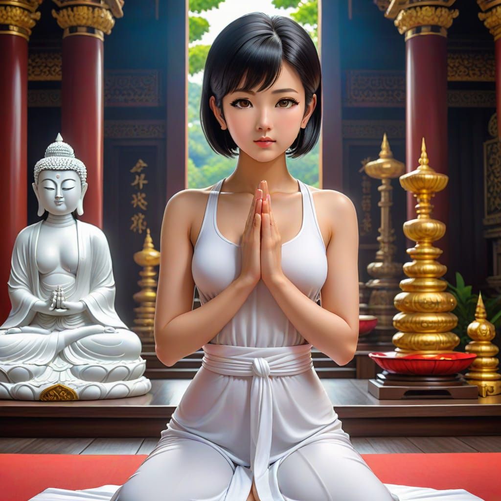 Anime Woman Praying at Thailand Temple in 16k Resolution