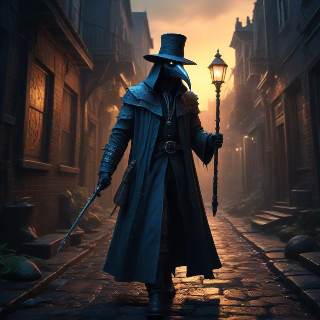 Plague Doctor in Fantasy Alley with Stegosaurus Mask