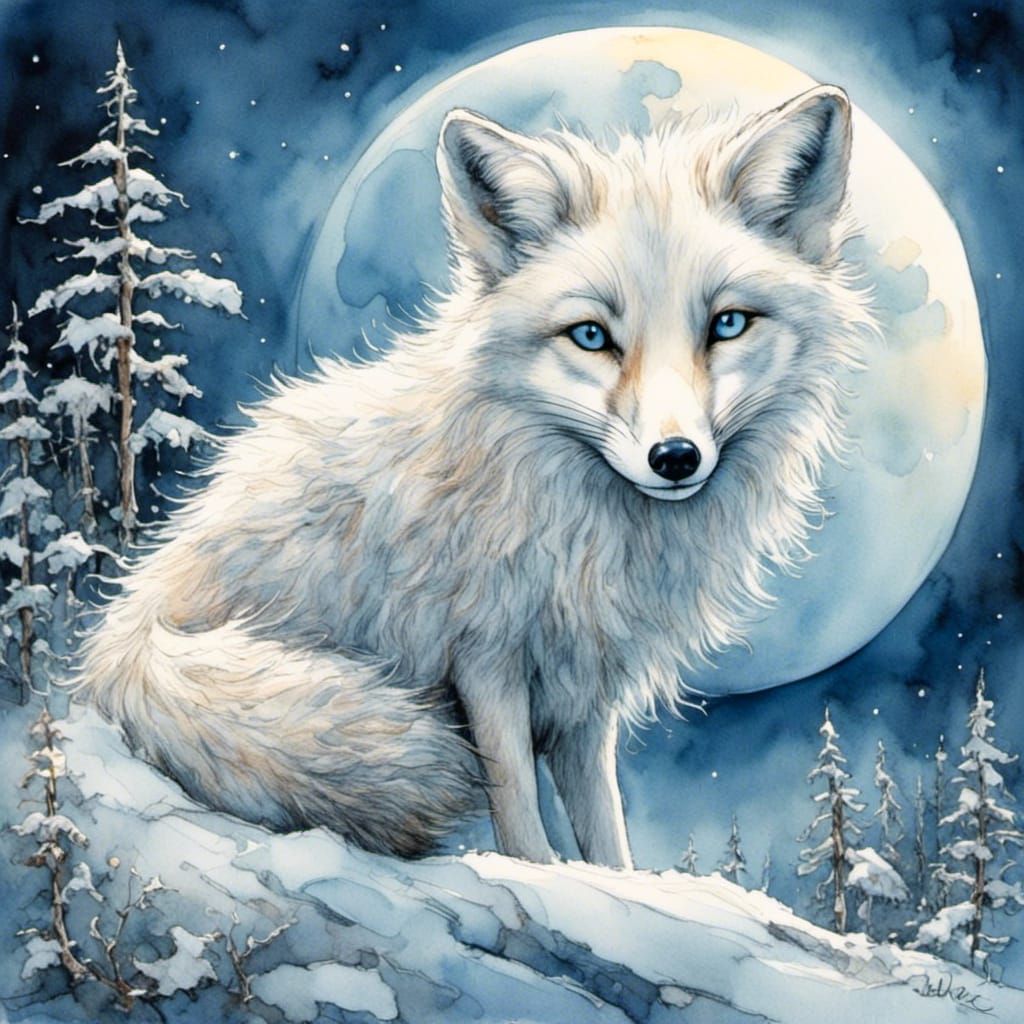 Arctic Fox Portrait in Moonlight Watercolor