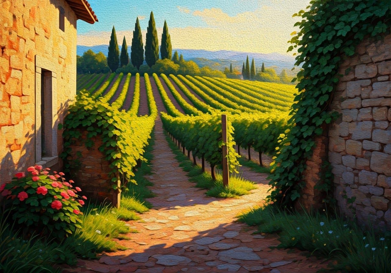 Idyllic Roman Countryside Vineyard in Warm Golden Light
