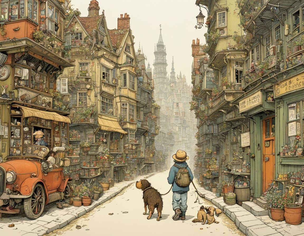 Toddler Boy and His Lovable Dog in Intricate, Detailed Style