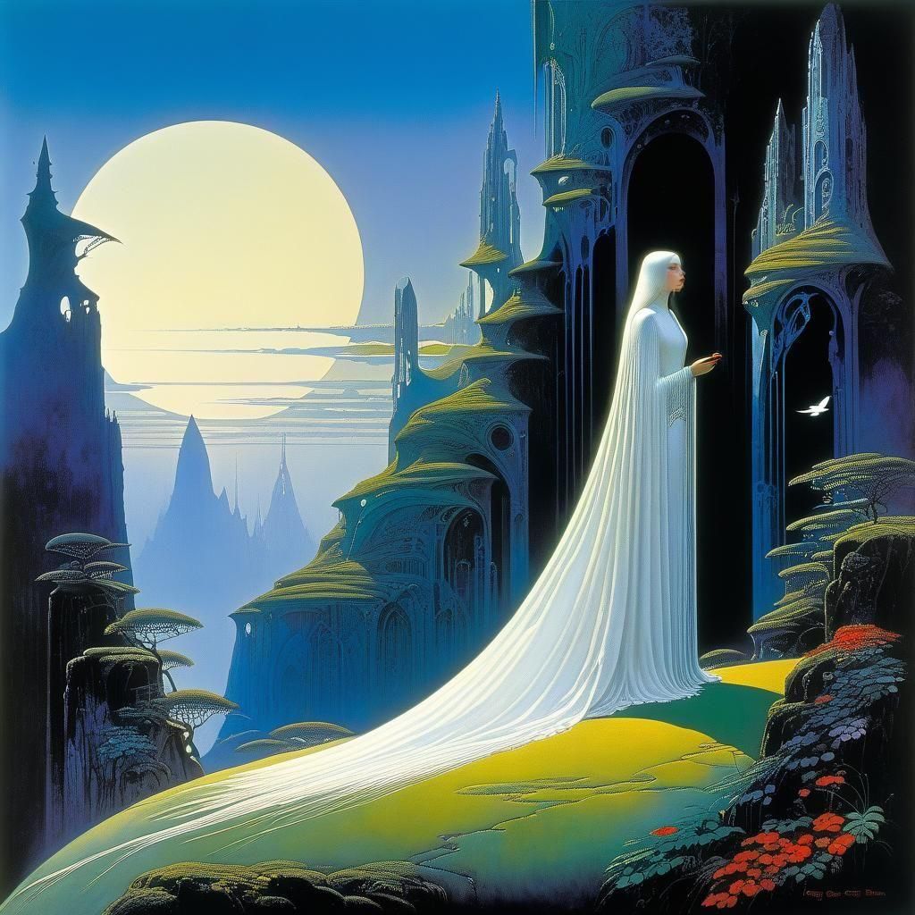 Gothic Woman with White Crow, Art Nouveau Style