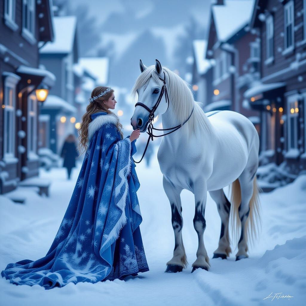 Nordic Woman and Horse in Snowy Christmas Scene