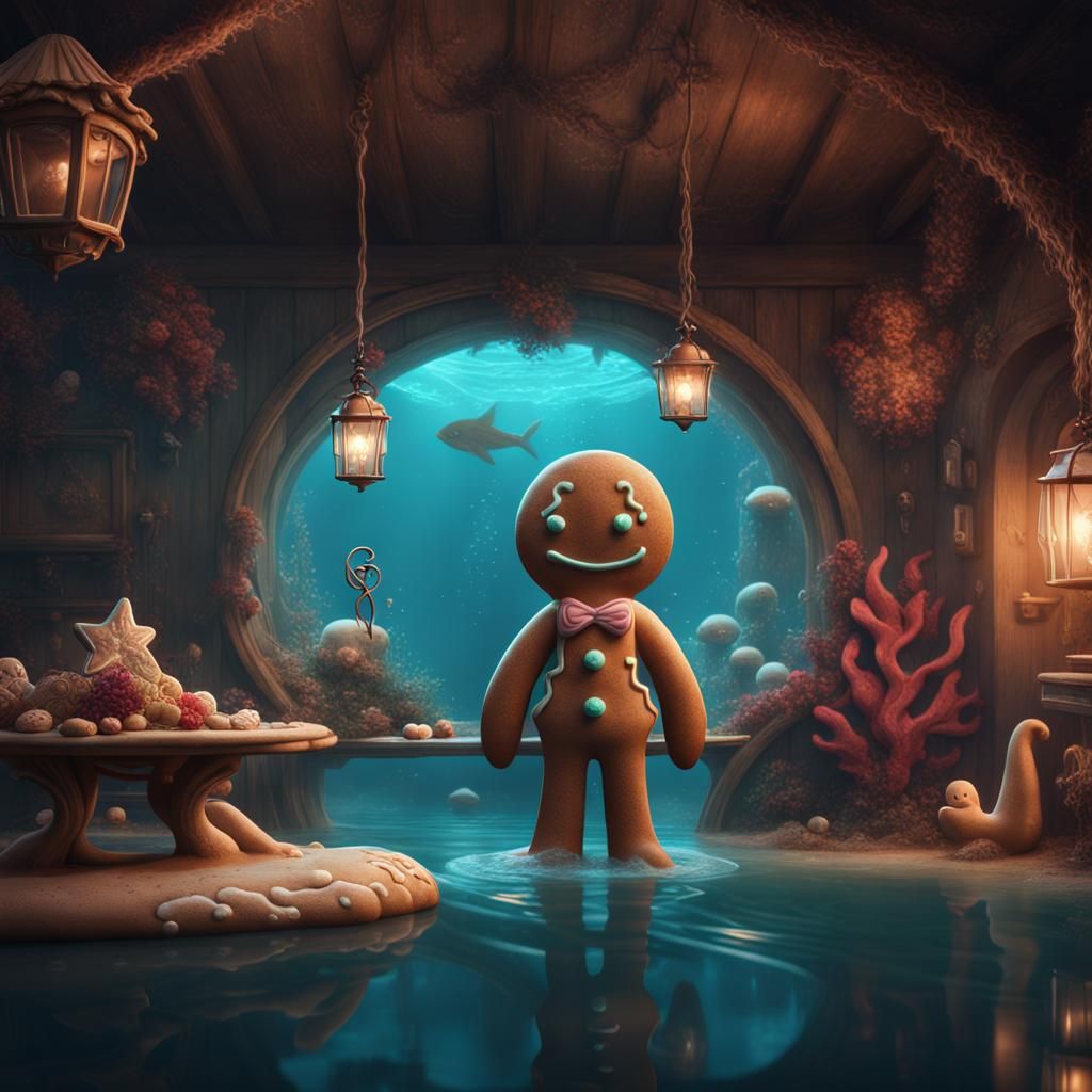Gingerbread Man's Date with a Mermaid: Fantasy Art