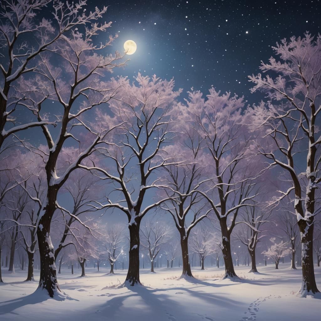 Impressionist Winter Landscape with Moonlit Snow