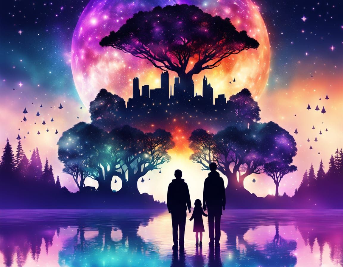 Dreamlike Double Exposure of Couple in Surreal World