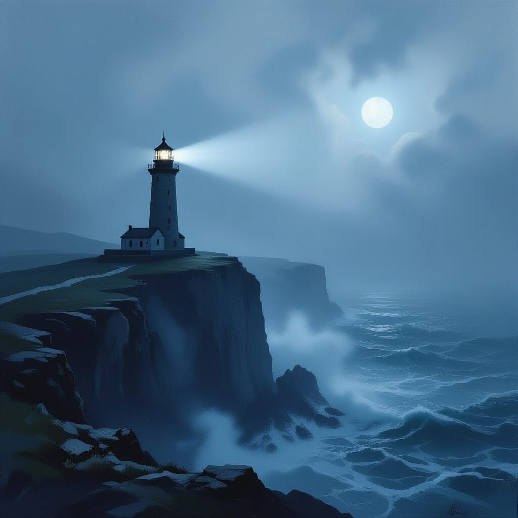 Ancient Lighthouse in Ethereal Fog, Romantic Gothic Style