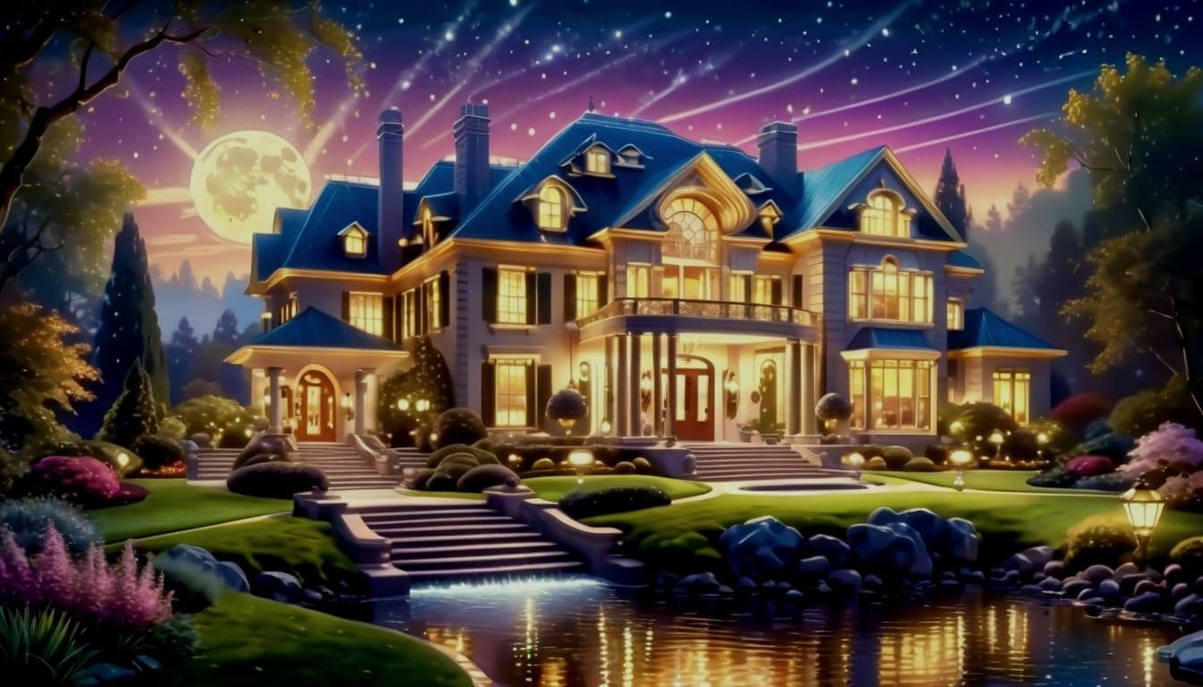 Luxury Mansion by a Glistening Stream at Dusk