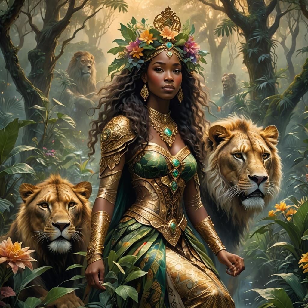 African Princess and Lions in Bioluminescent Jungle