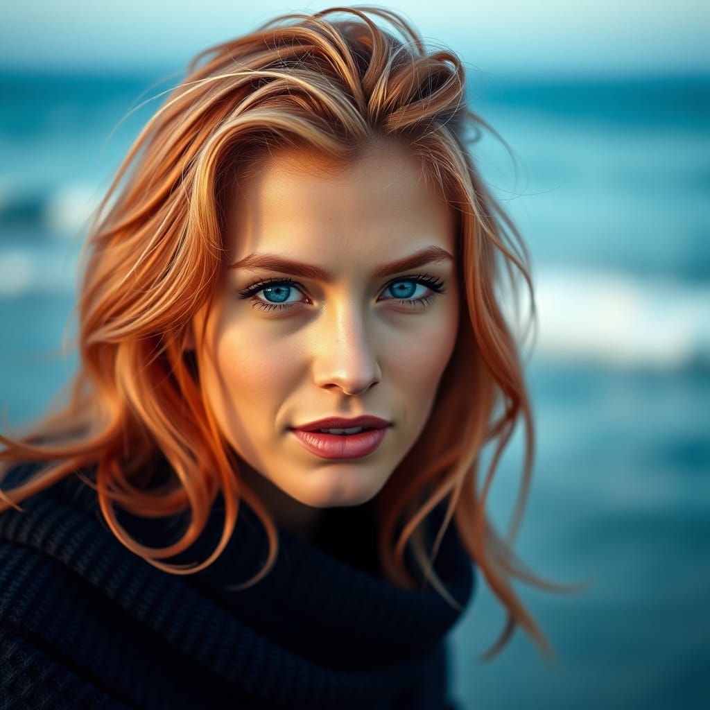 Strawberry Blonde Beauty Shines on Ocean Shore