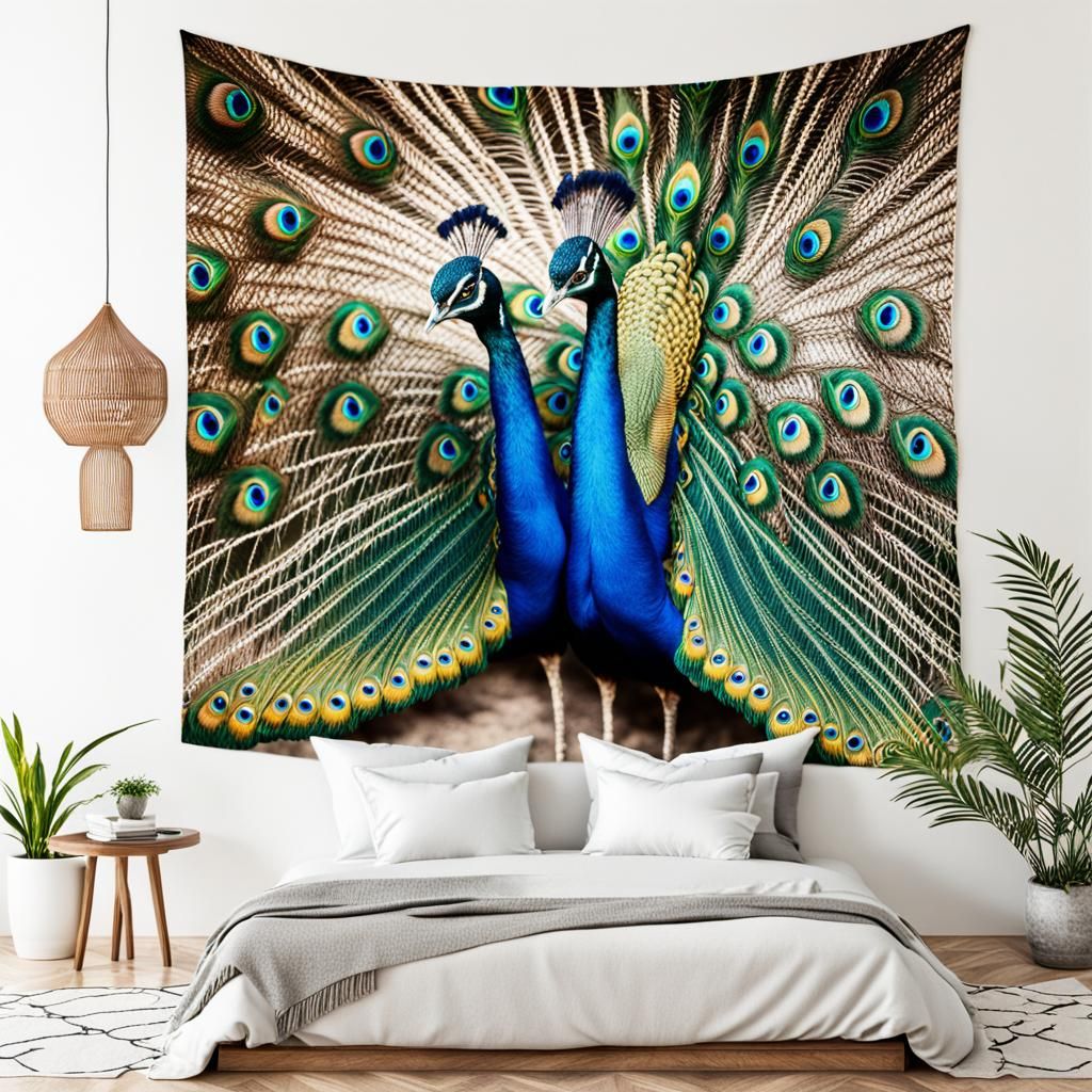 Embroidered Tapestry of Mating Peacocks