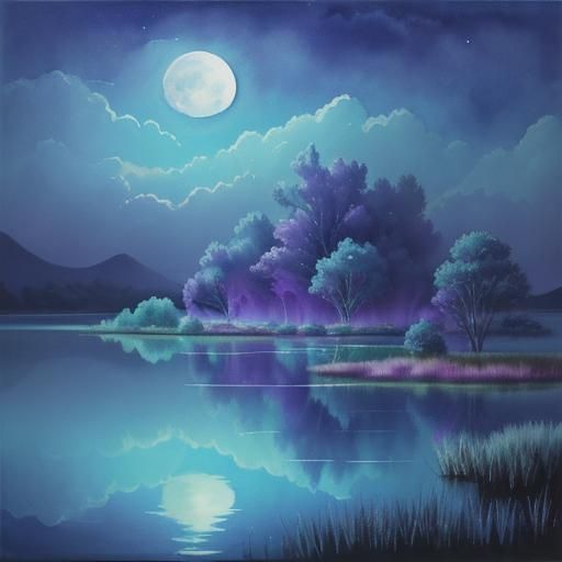 Moonlit Lake in Dreamlike Watercolor Style
