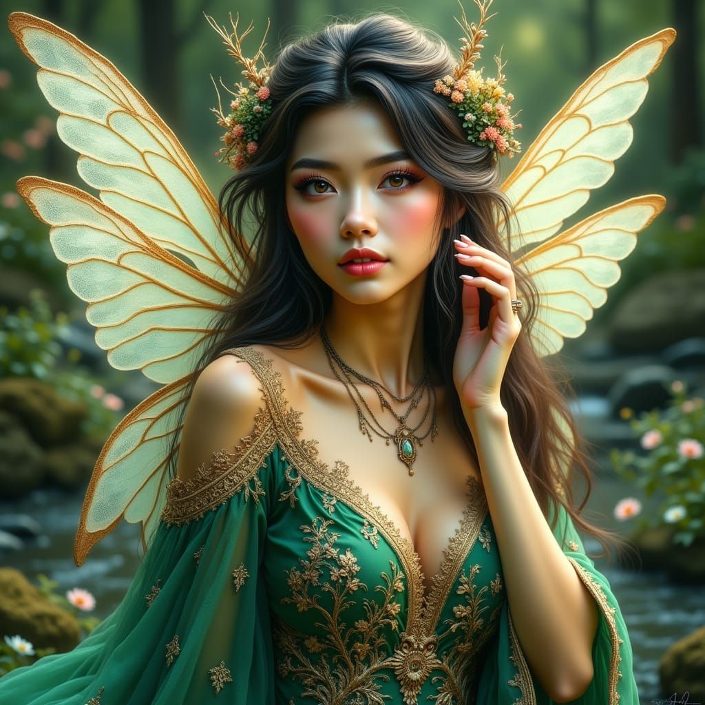 <lora:Beautiful women:0.5> beautiful stunning portrait of a *hyper real* Asian elven fairy woman with perfect wings wear...