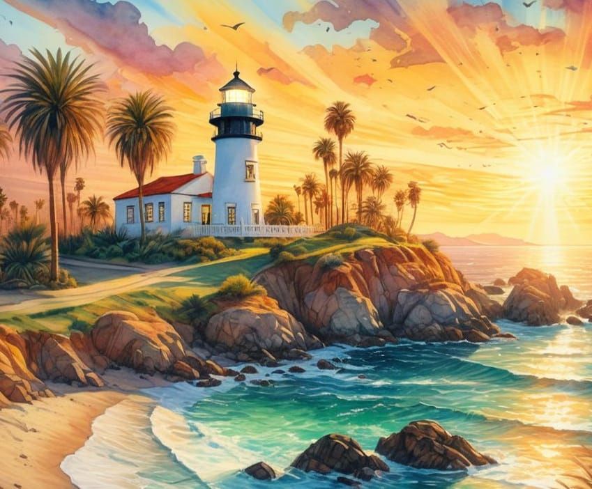 Baja Coast Lighthouse Watercolor Painting