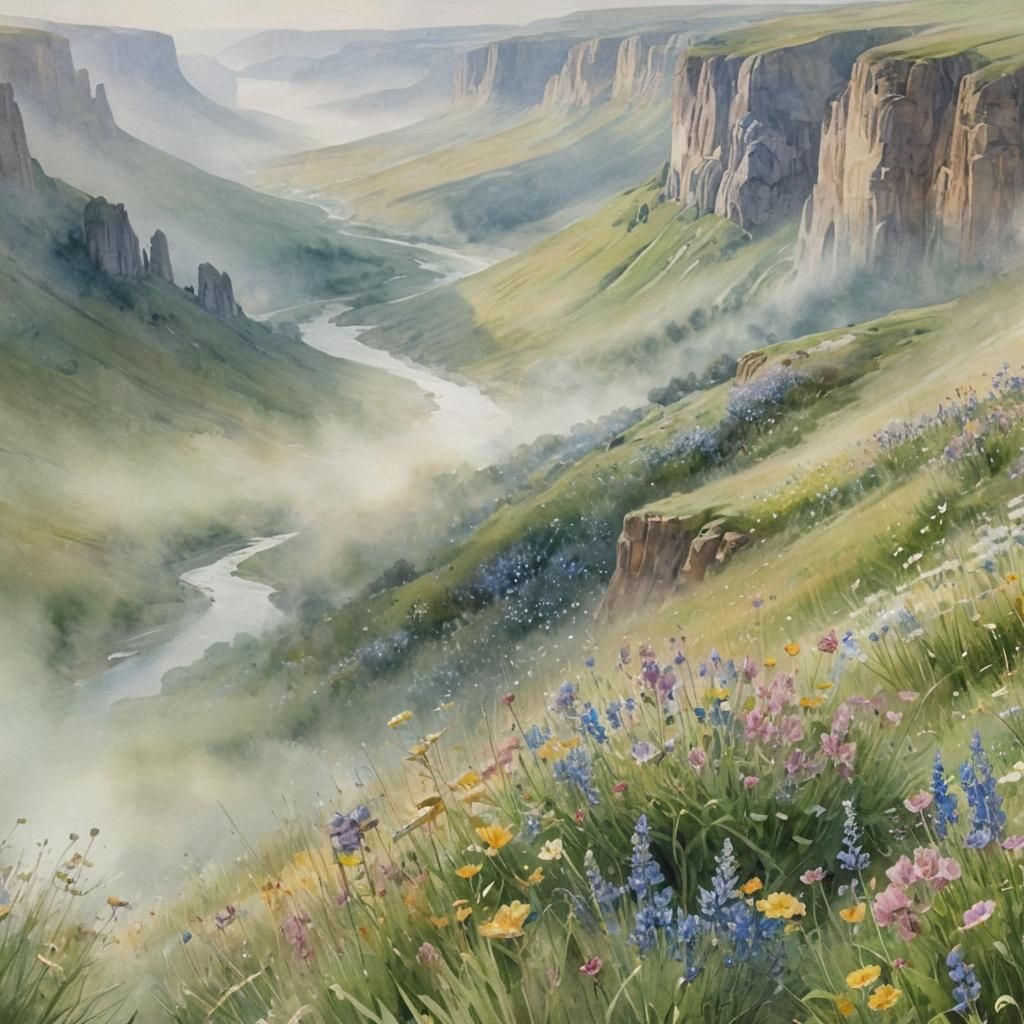 Spring Valley Watercolour Landscape in Turner Style