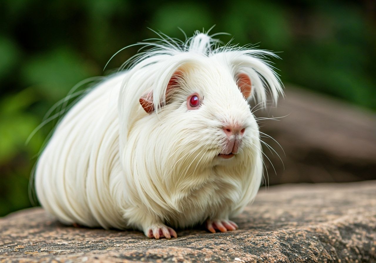 Fluffy Albino Guinea Pig with Long Hair and Red Eyes