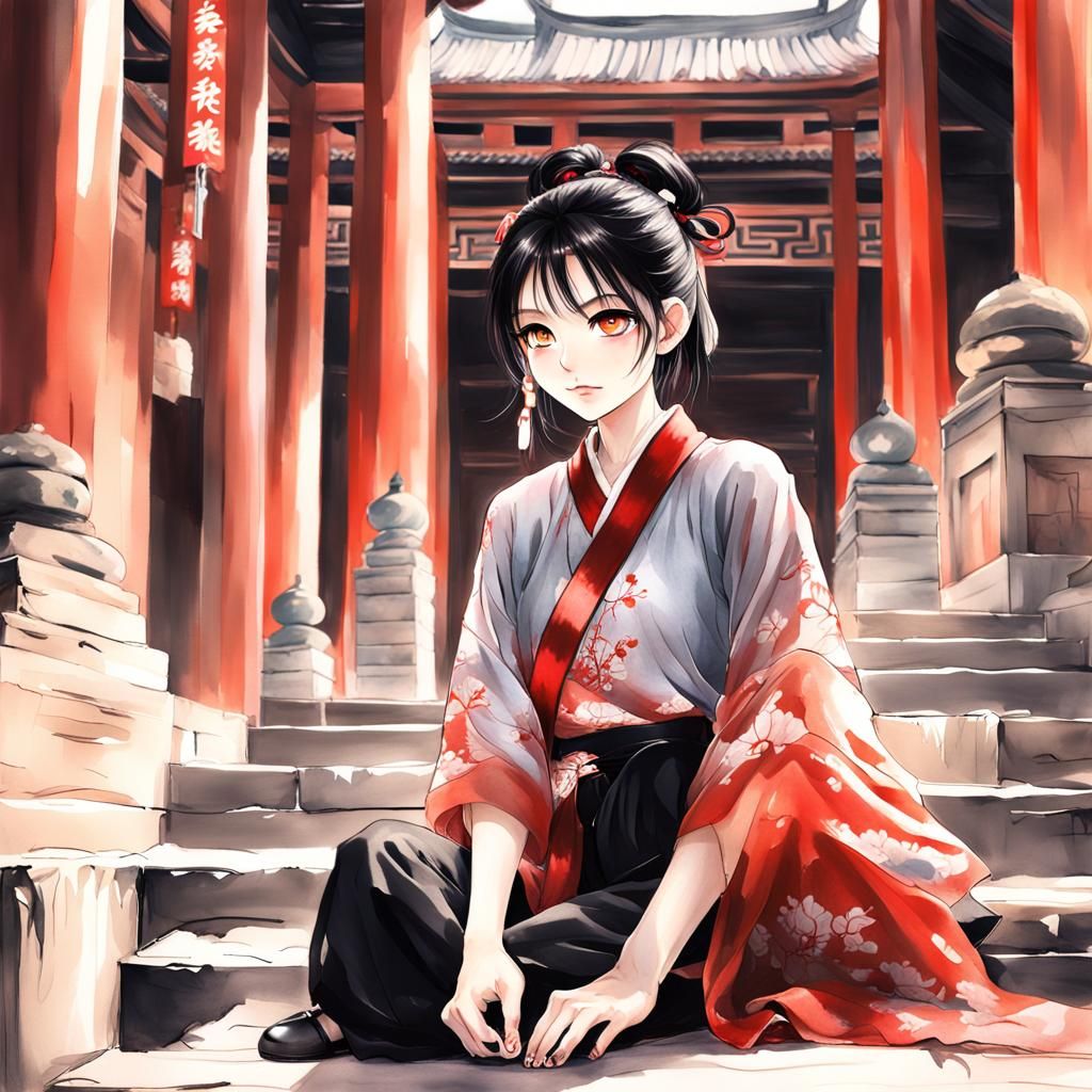 Girl at Ancient Temple: Anime Watercolor Art