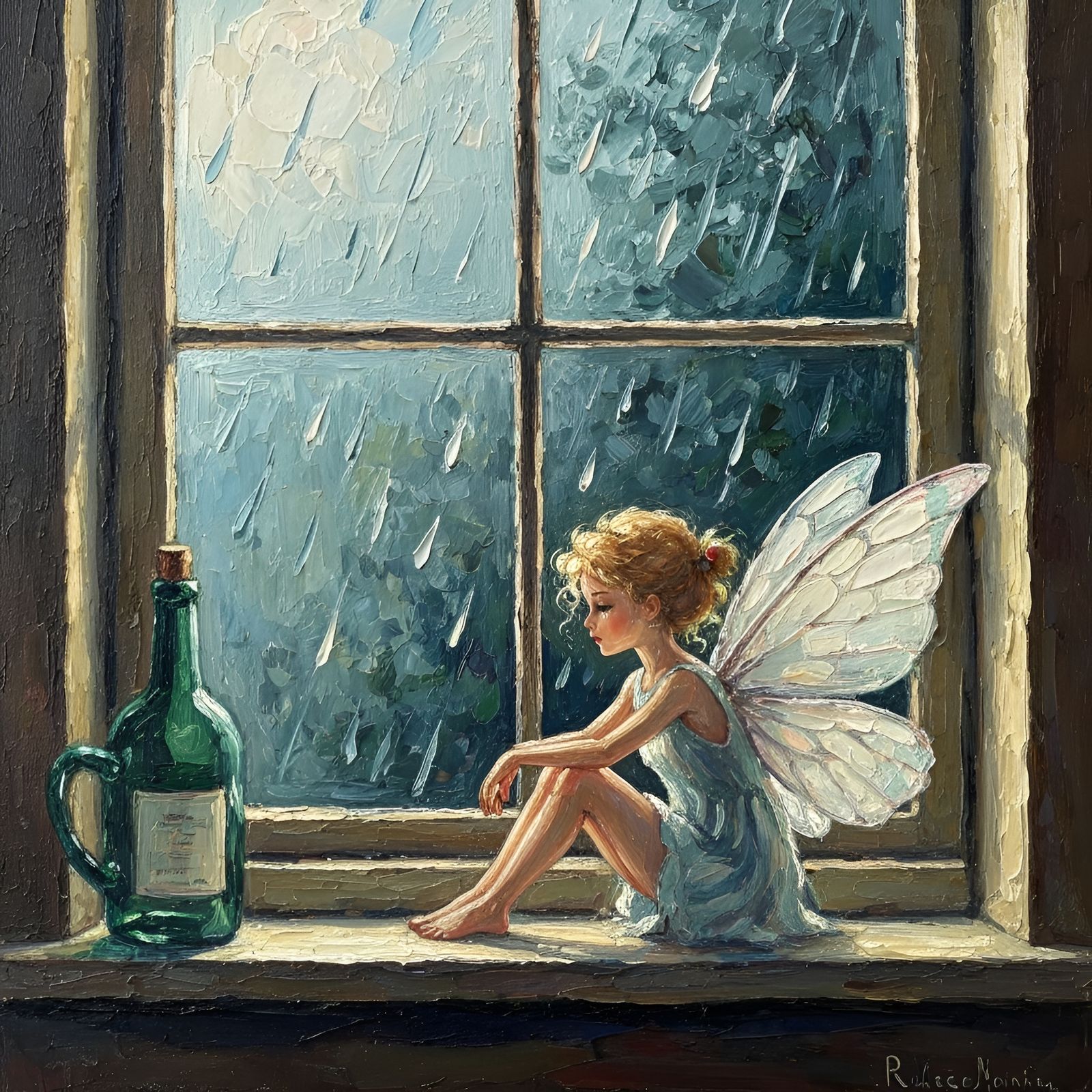 Playful Fairy Watching Rainy Day in Impasto Style