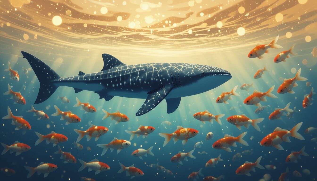 Whale Shark Swimming in Bioluminescent Starry Ocean