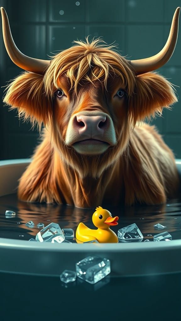 Happy Highland Cow Soaks in Ice Bath with Tiny Rubber Duck