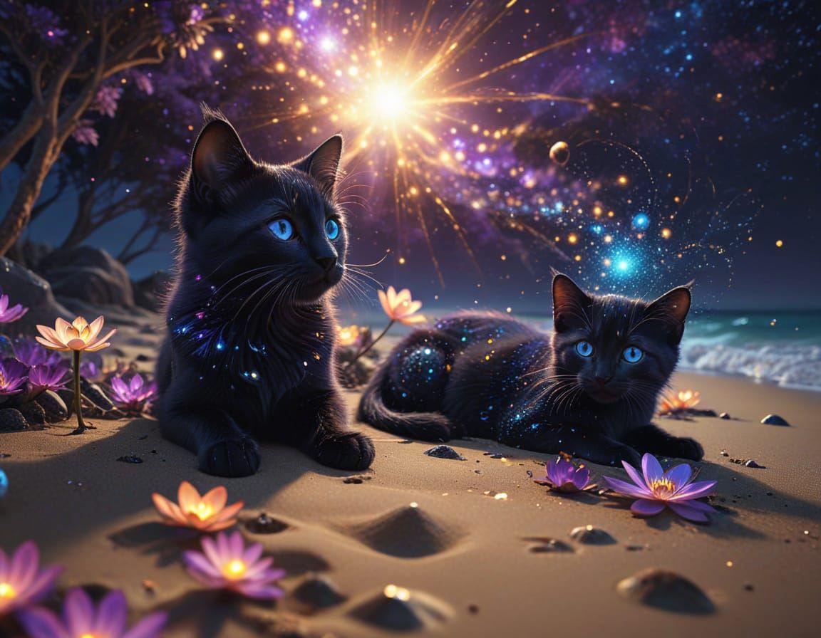 Cute Kitten on Beach with Glowing Flowers in Cosmic Fantasy ...