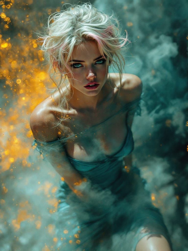 Pin-Up Woman with Pink-Tipped Blond Hair in Hazy Light