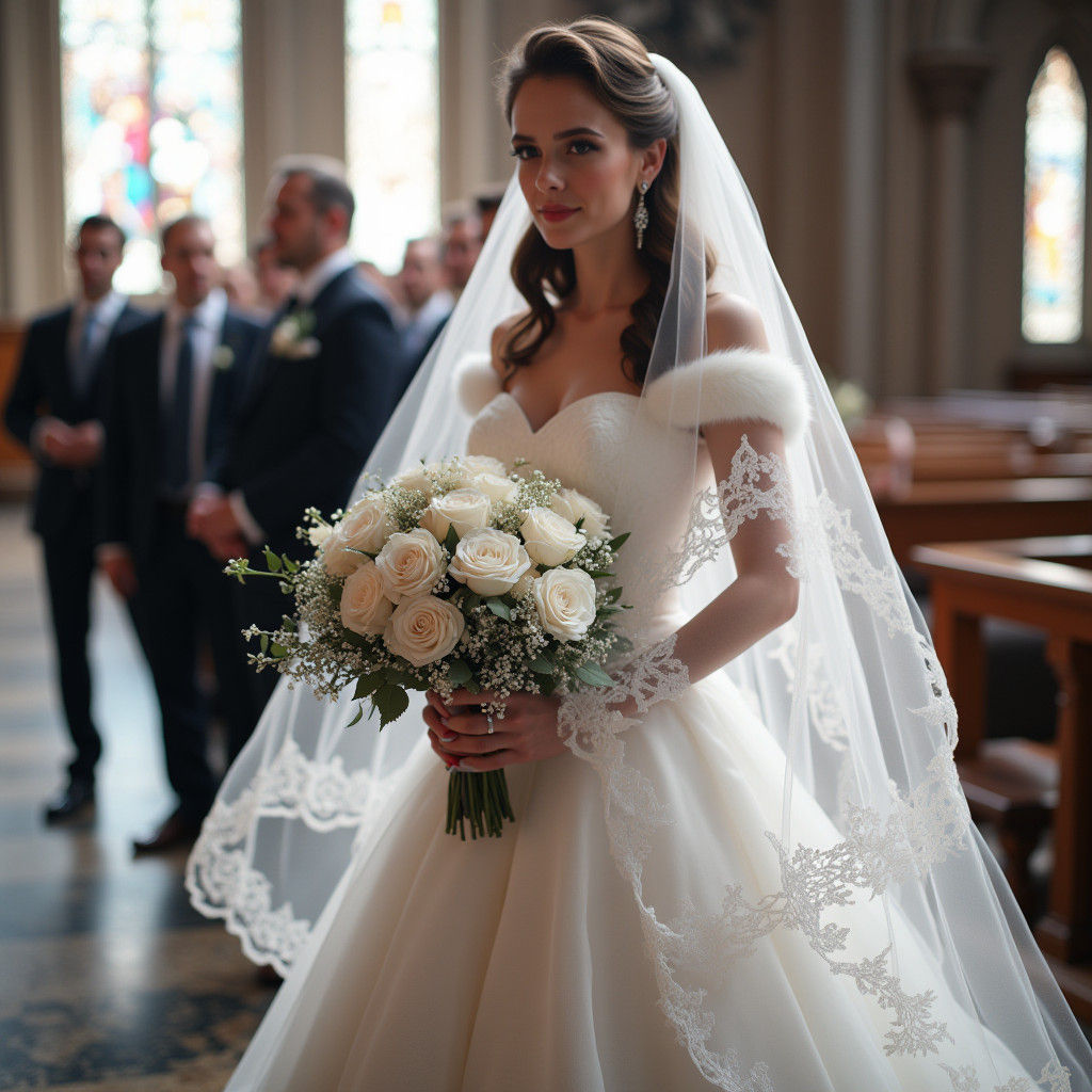 Ethereal Bride in Church Aisle, Illustrative Style