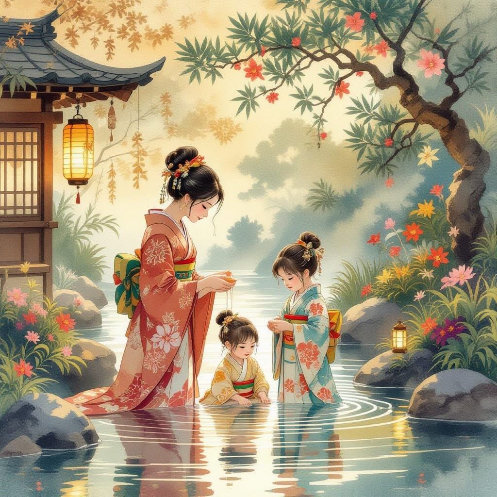 Mother and Children in Serene Japanese Watercolor Scene