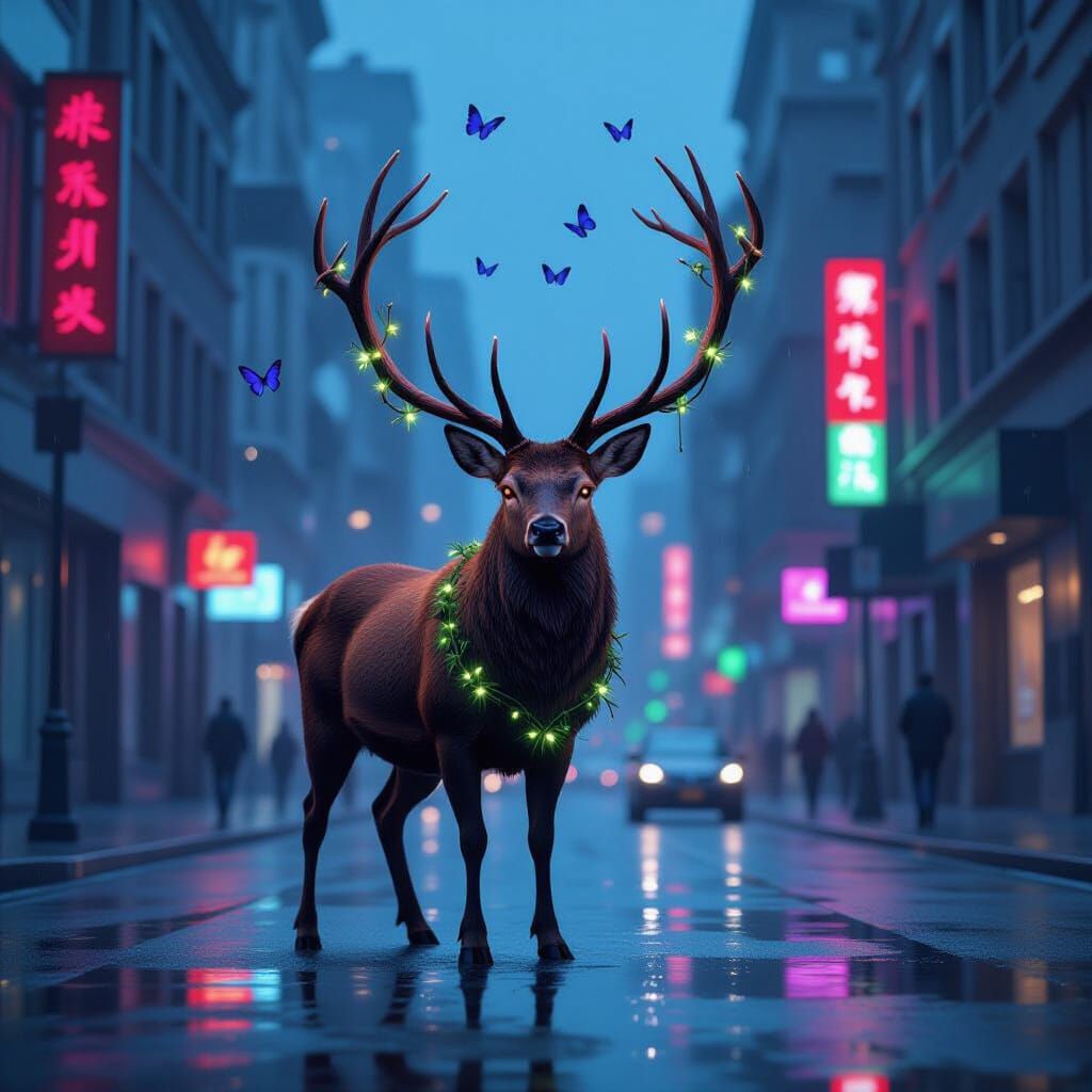 Majestic Stag in Neon City Street at Twilight