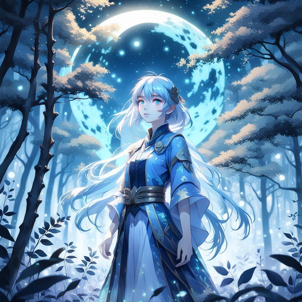 Moonlit Woman with Blue Glowing Skin in Forest