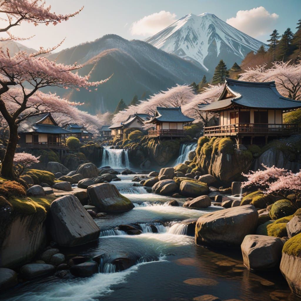 Snowy Japanese Village Sunset, Cinematic Winter Scene