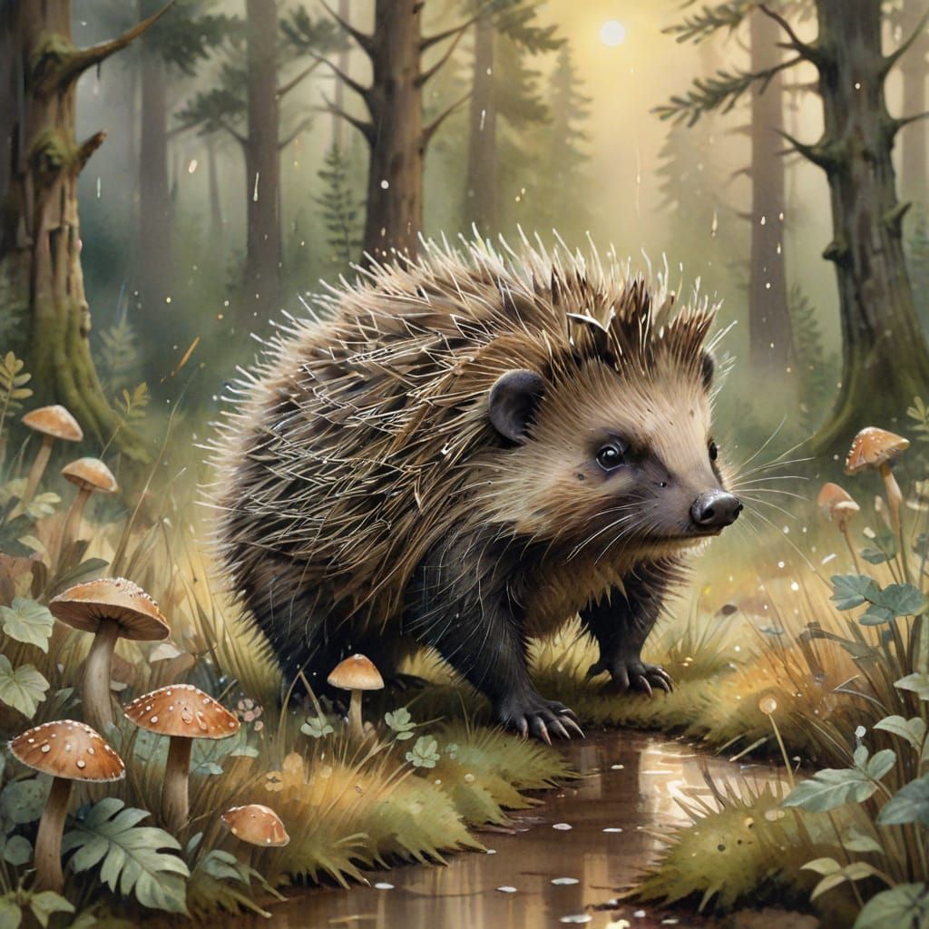 Porcupine in Rainy Woodland Mushroom Meadow Watercolor