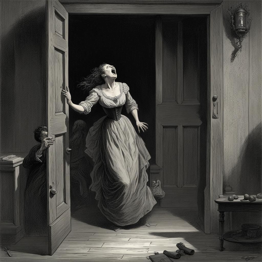 Screaming Woman in Haunted House: Horror Illustration