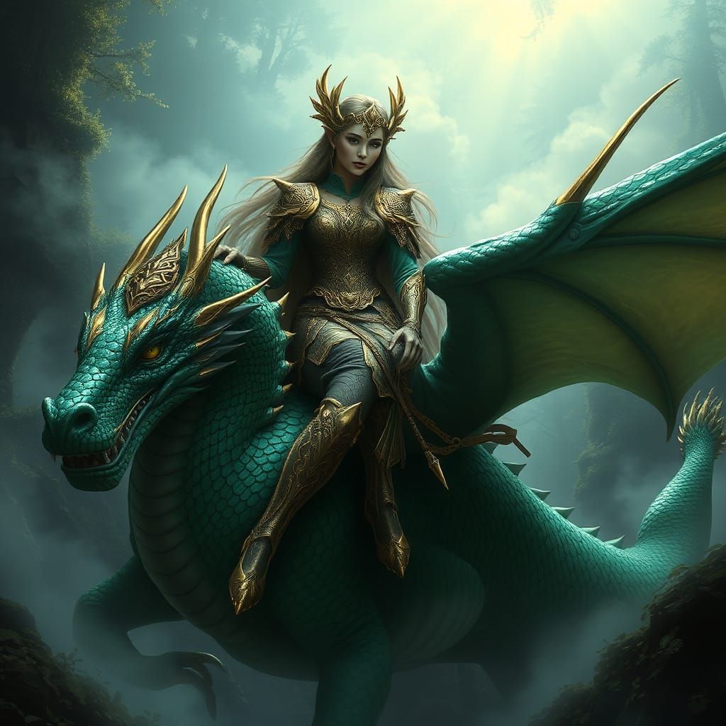 Elf Warrior on Dragon in Mystical Forest