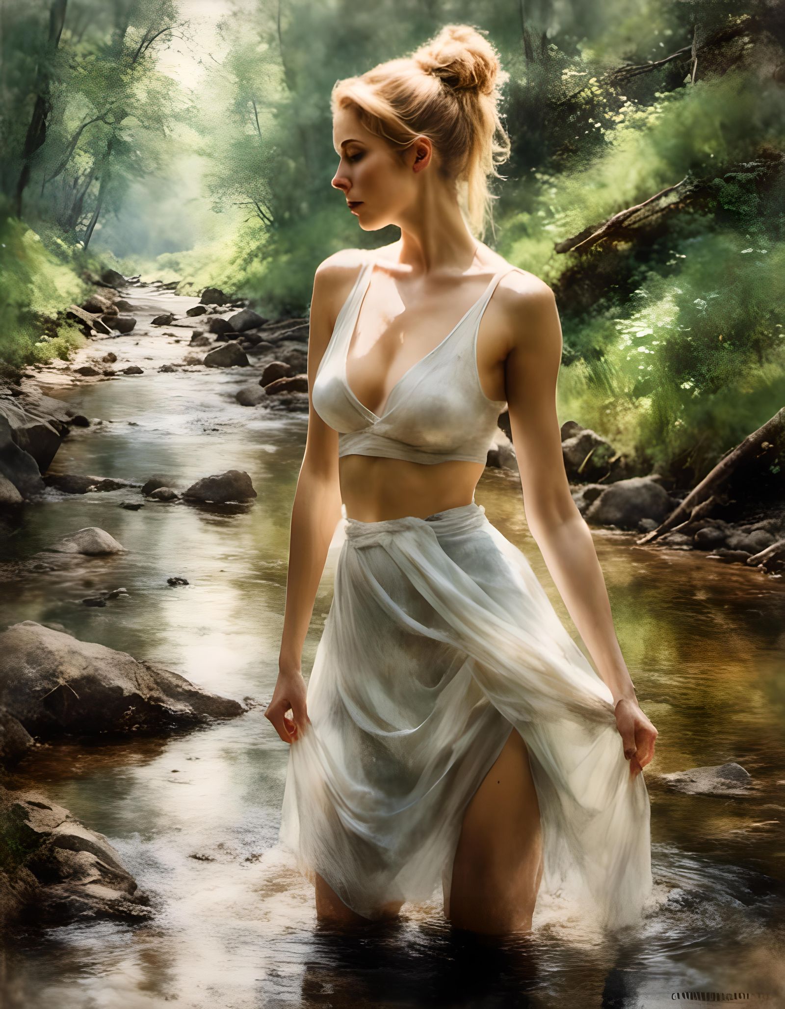 Foggy Brook Oil Painting of Woman in Glamour Style