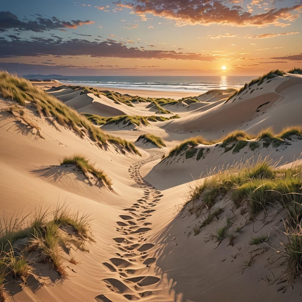 Idyllic Beachside Path at Sunset in Ultra-Realistic Style