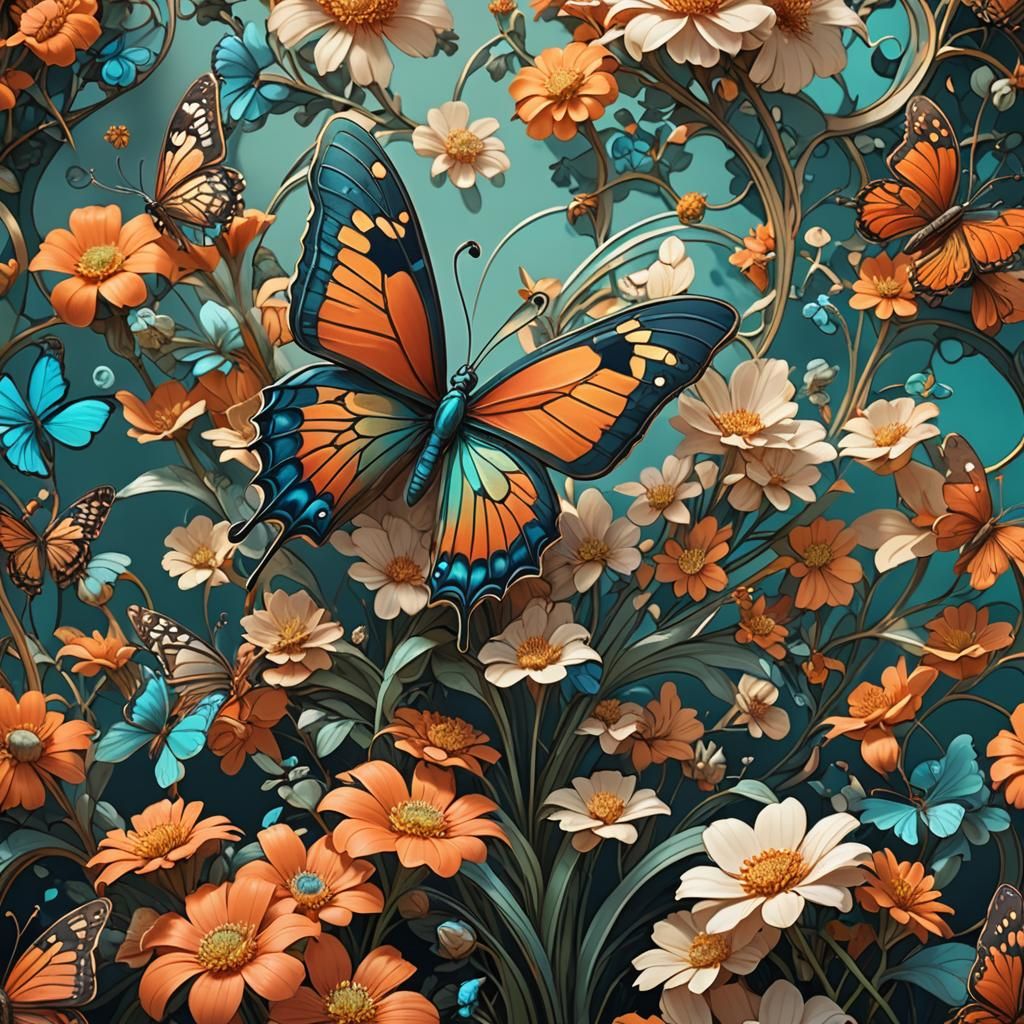 Art Nouveau Butterfly and Flower in 8K