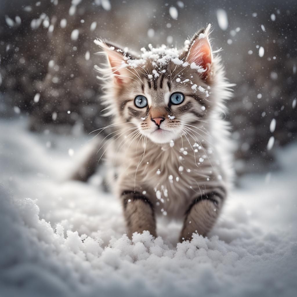 Frisky Kitten's Snowy Playtime in Pastel Colors