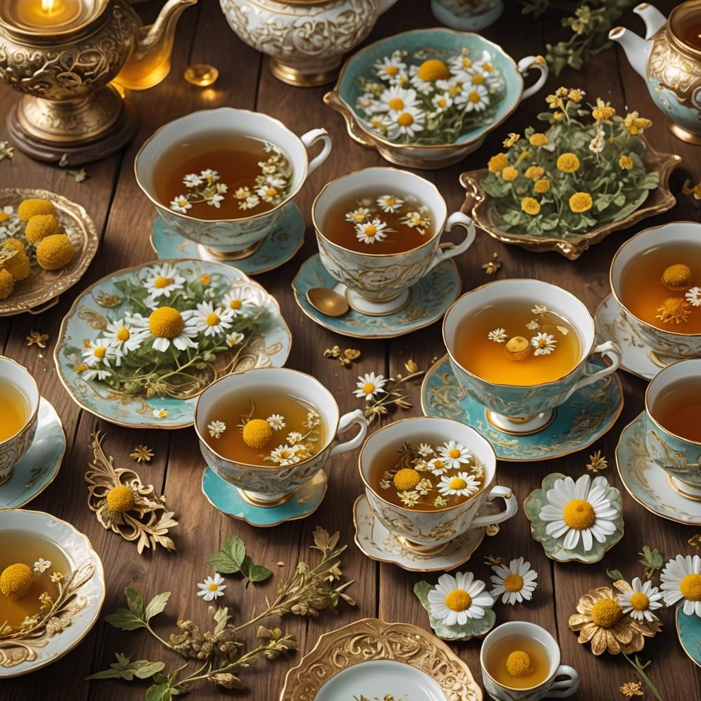 Chamomile Tea in Porcelain Cups: Detailed Matte Painting